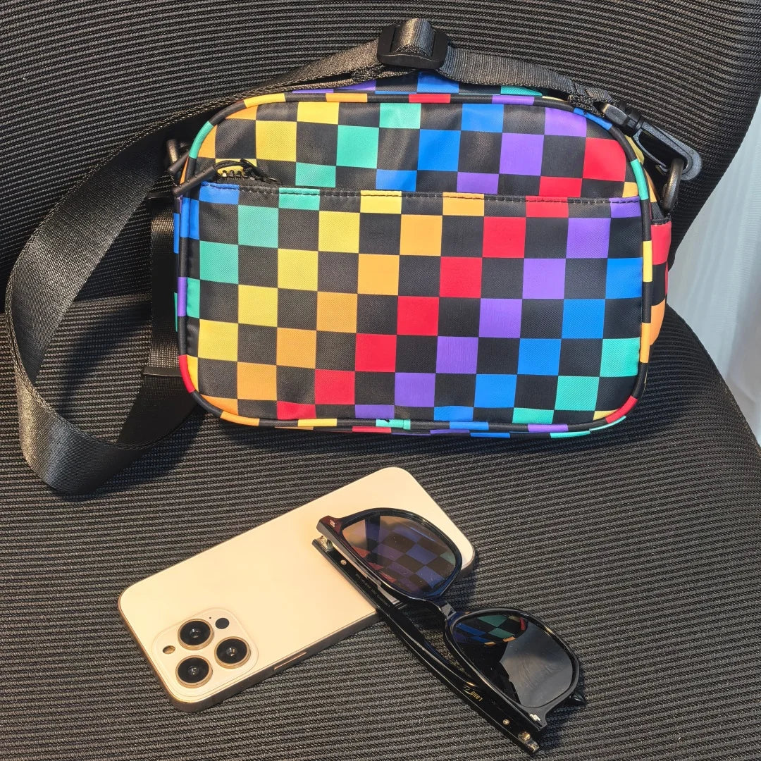 Checkered Crossbody Bag — Trendy Messenger Purse with Wide Strap