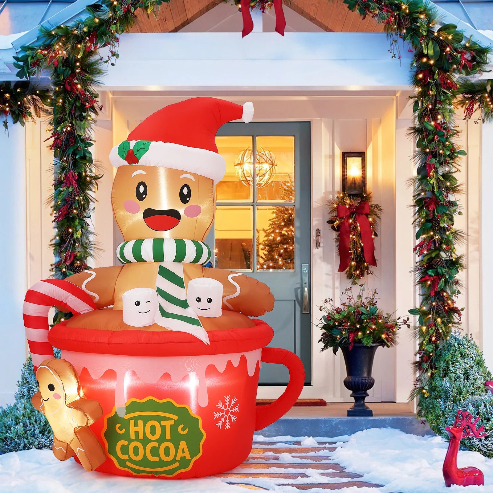 HiMISS 6ft Gingerbread Man Inflatable — Glowing Hot Cocoa Mug Yard Decor