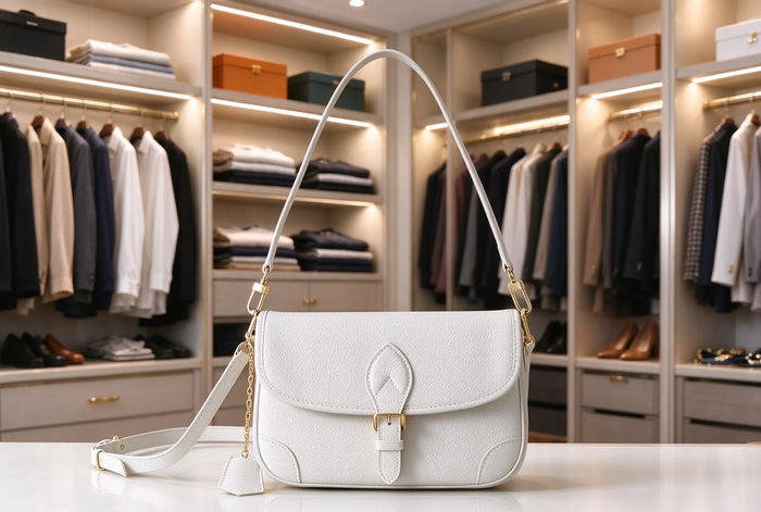 White Pebbled Leather Flap Saddle Bag — Adjustable Crossbody Messenger