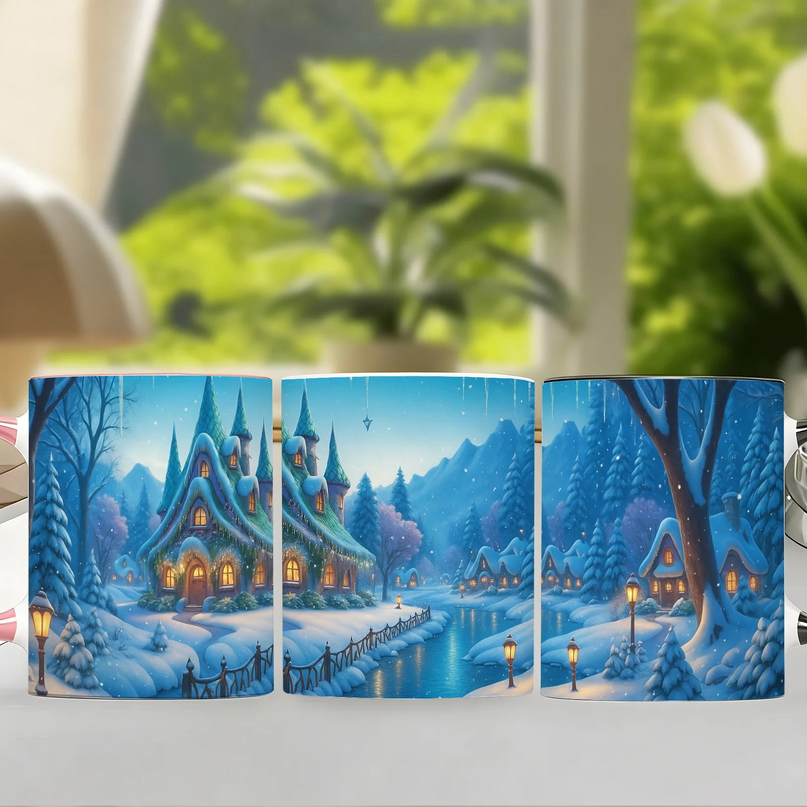 Winter Wonderland Ceramic Mug — Snowy Cottage & River Scene Coffee Cup