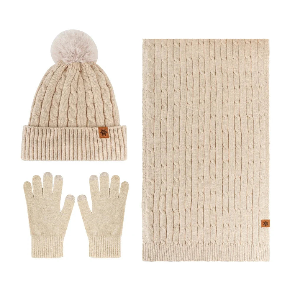 Winter Thermal Accessory Set — Knit Beanie, Scarf & Touchscreen Gloves