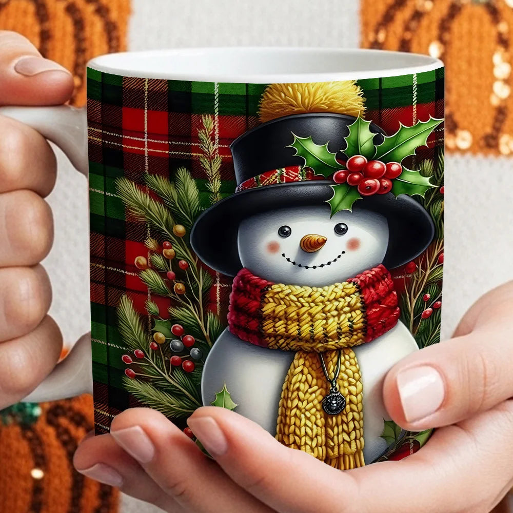 Snowman Plaid Pattern Coffee Mug — Festive Winter Holiday Drinkware