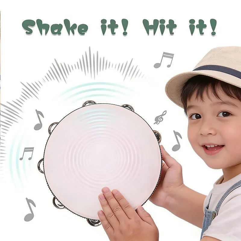 Wooden Hand Held Tambourine — Percussion Instrument with Metal Jingles