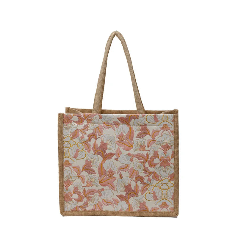 Floral Linen Tote Bag — Versatile Shoulder Handbag for Daily Use