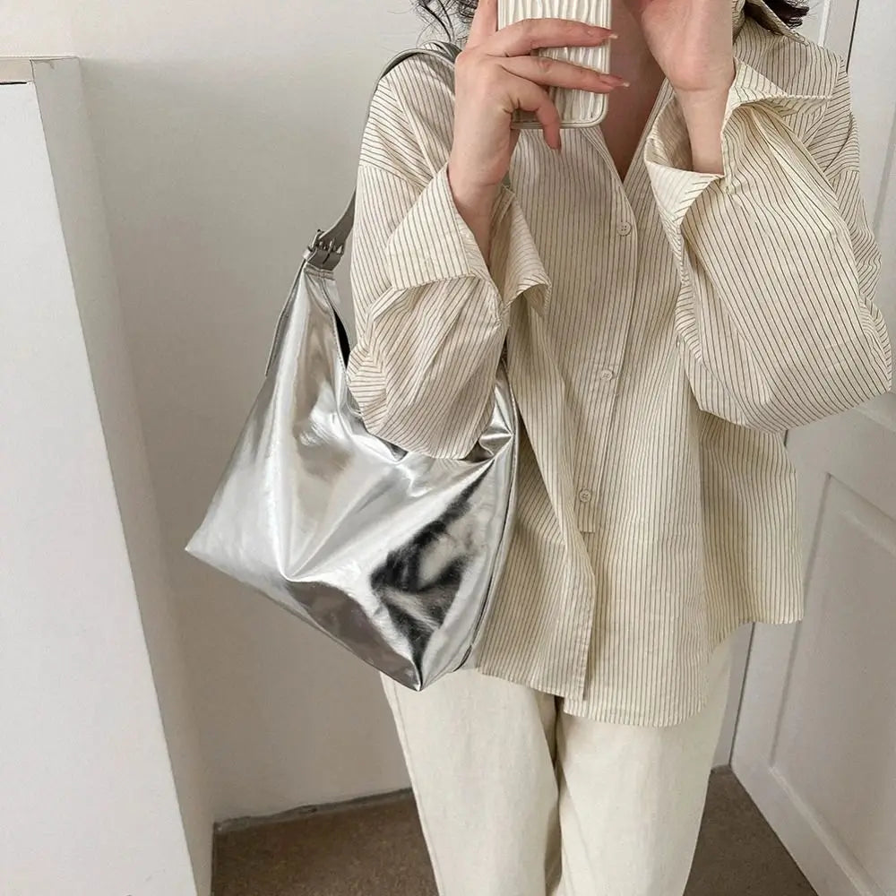 Metallic PU Leather Tote Bag — High Capacity Shoulder Bag for Women