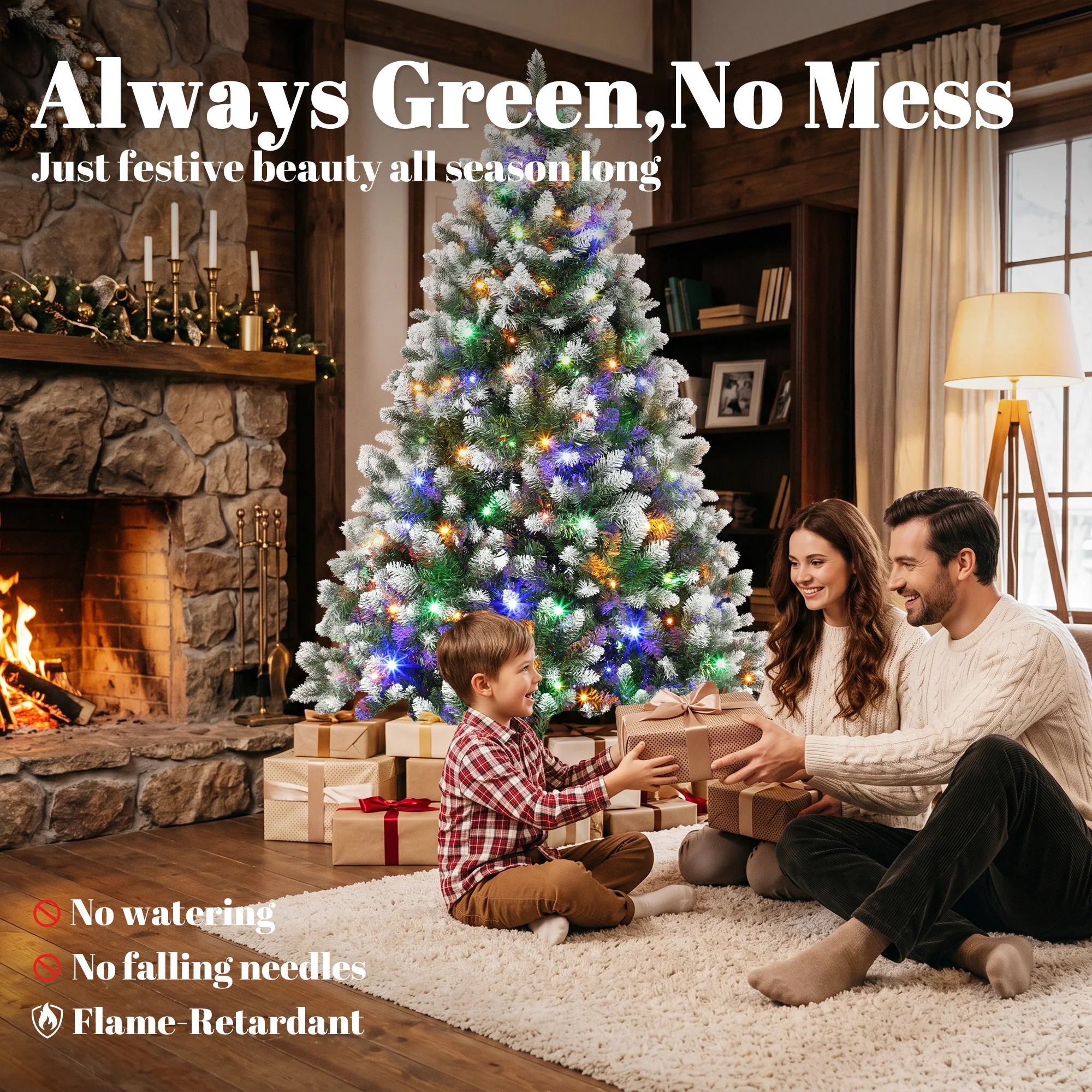 HOMCOM 6ft Pre-lit Artificial Christmas Tree — Snow-Dusted North American Fir