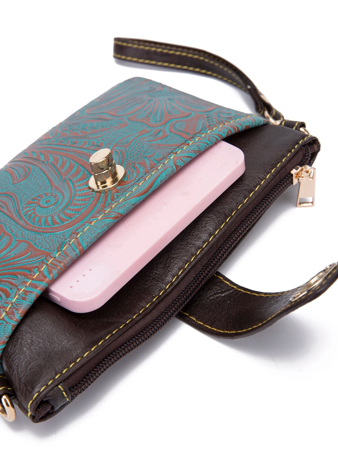 Floral Embossed Crossbody Bag — Multi-Compartment Shoulder Purse with Wristlet