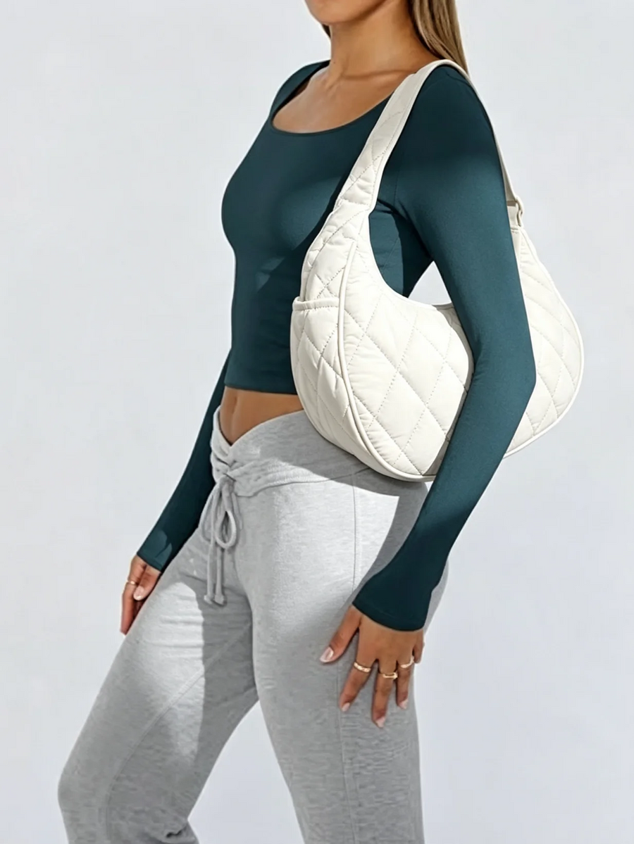 Quilted Puffer Crescent Shoulder Bag — Stylish Nylon Hobo Handbag
