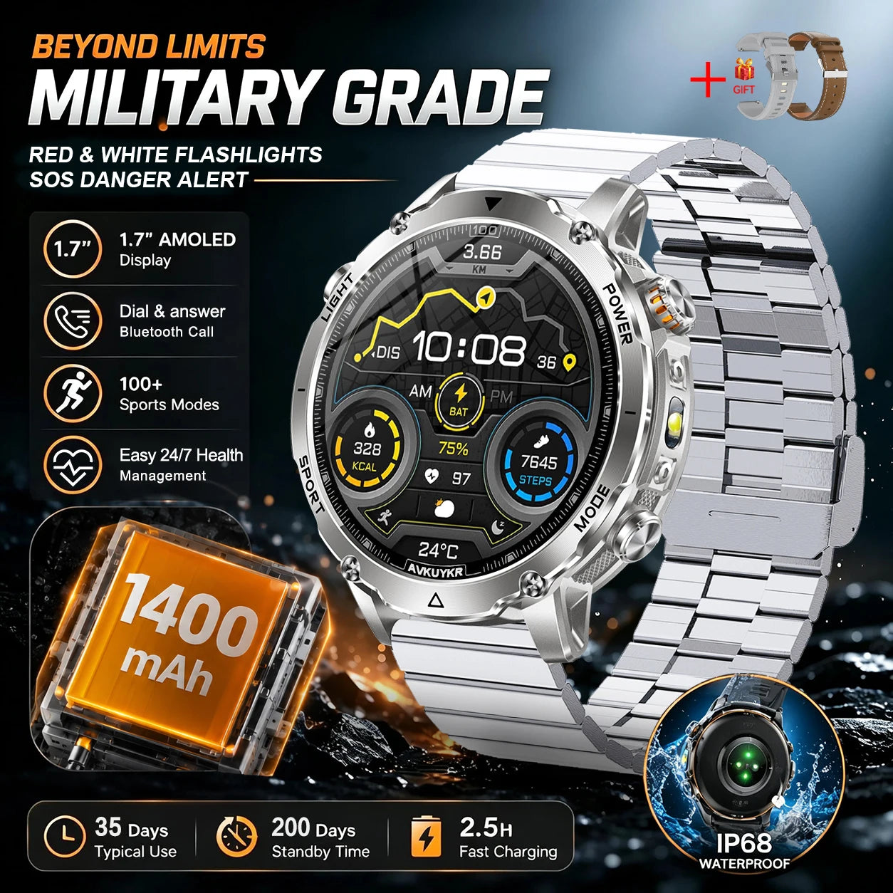 GUHUAVMI Military Smartwatch — 1400mAh Battery with GPS & Flashlight