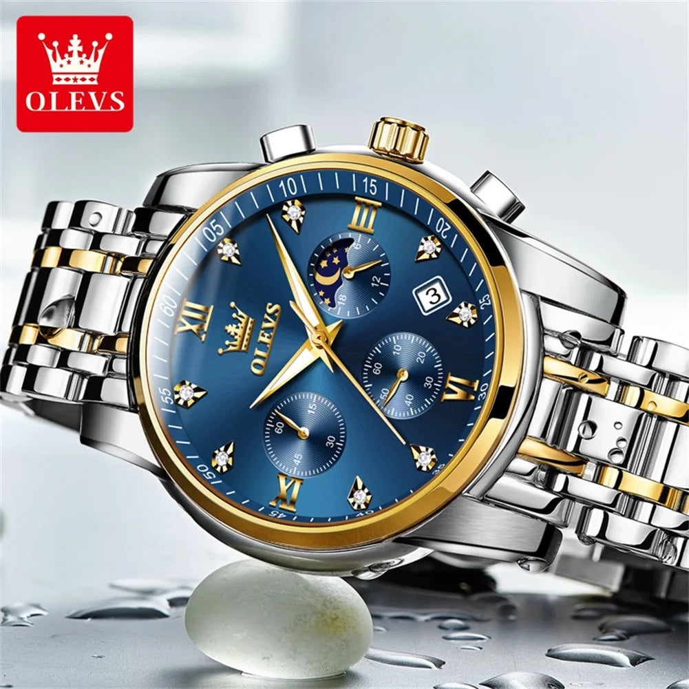 OLEVS 2858 Men's Luxury Watch — Stainless Steel Moon Phase Chronograph