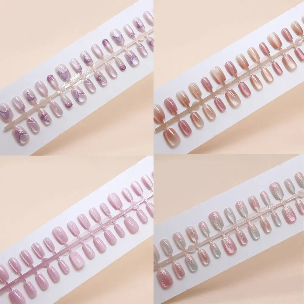 Square False Nail Tips — French Style Cat Eye Full Cover Set