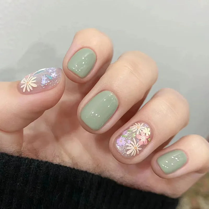 Pink Floral Press-On Nails — Short Almond French Tip Fake Nail Set