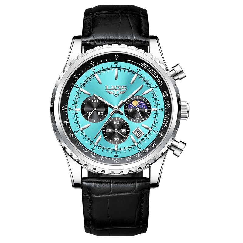LIGE Luxury Men's Quartz Watch — Waterproof Leather Sport Chronograph