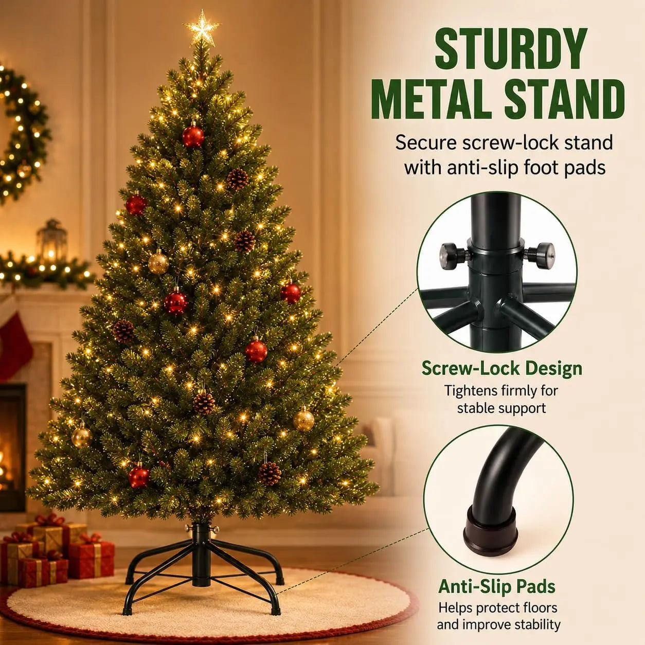 Artificial Pine Christmas Tree — Dense Greenery with Dual-Color LED Lights