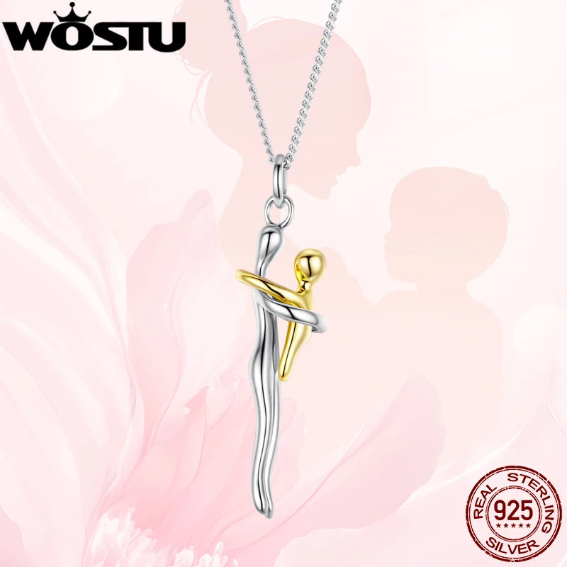 WOSTU Sterling Silver Hug Embrace Pendant — Two-Tone Matching Family Necklaces