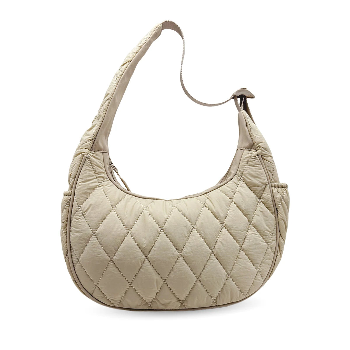Quilted Puffer Crescent Shoulder Bag — Stylish Nylon Hobo Handbag
