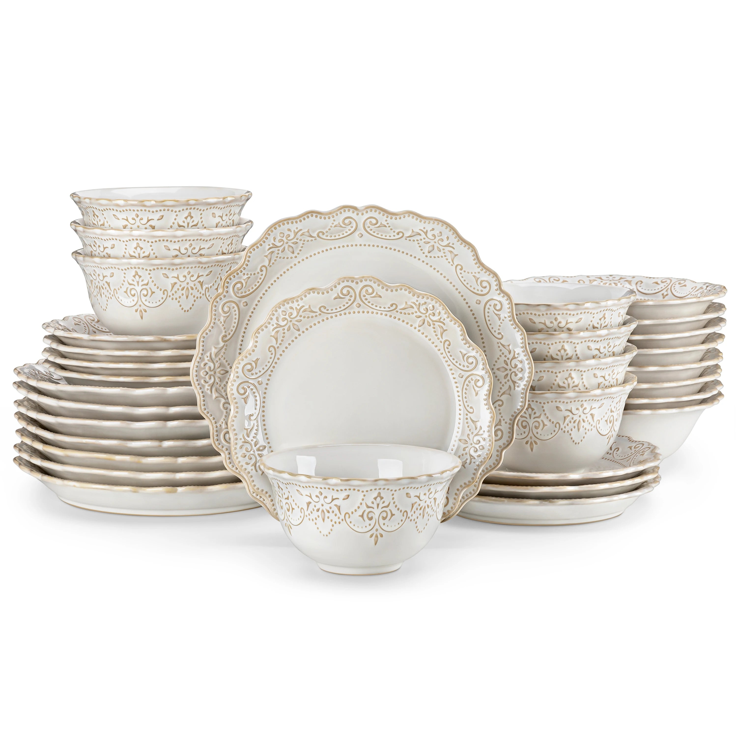 MALACASA White Stoneware Dinnerware Set — Elegant Relief Design Plates & Bowls