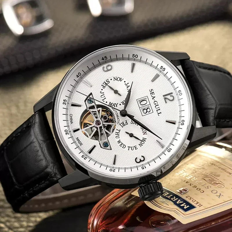Sea-Gull Men's Automatic Skeleton Watch — Mechanical Flywheel & Calendar