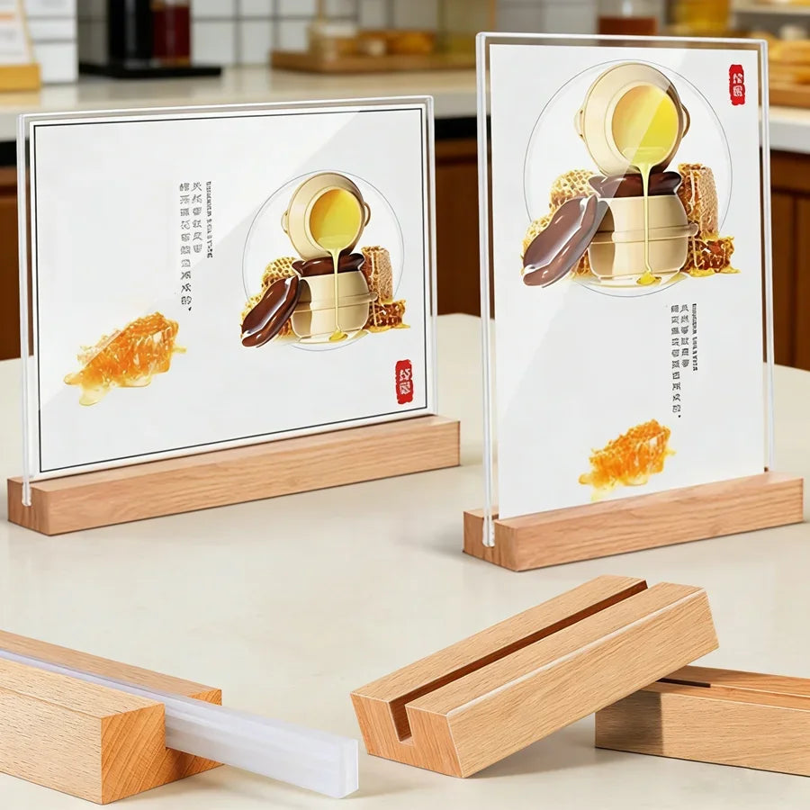 Acrylic Sign Holder with Wooden Base — Double-Sided Tabletop Display Stand