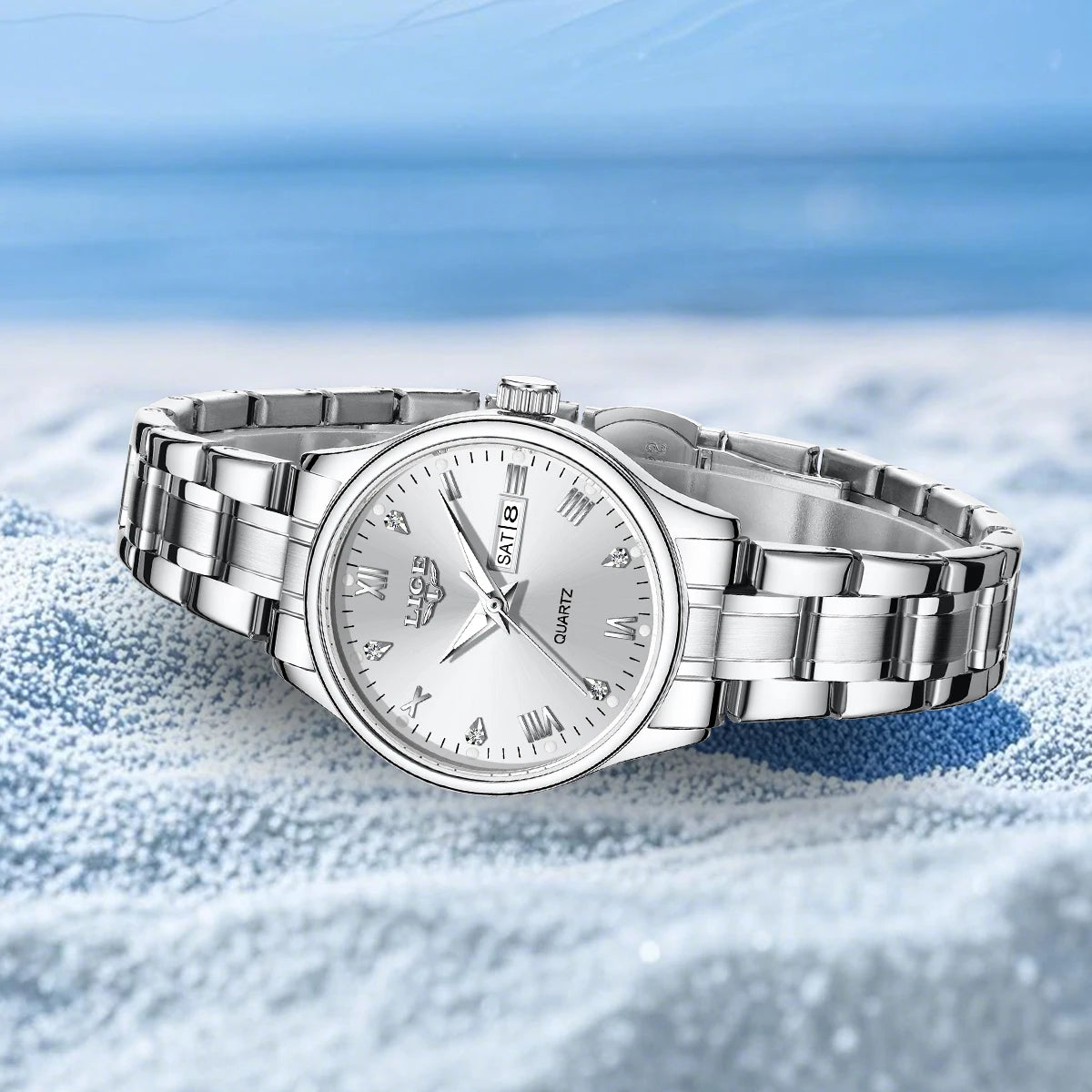 Elegant Women's Quartz Watch — Diamond Dial Stainless Steel Wristwatch