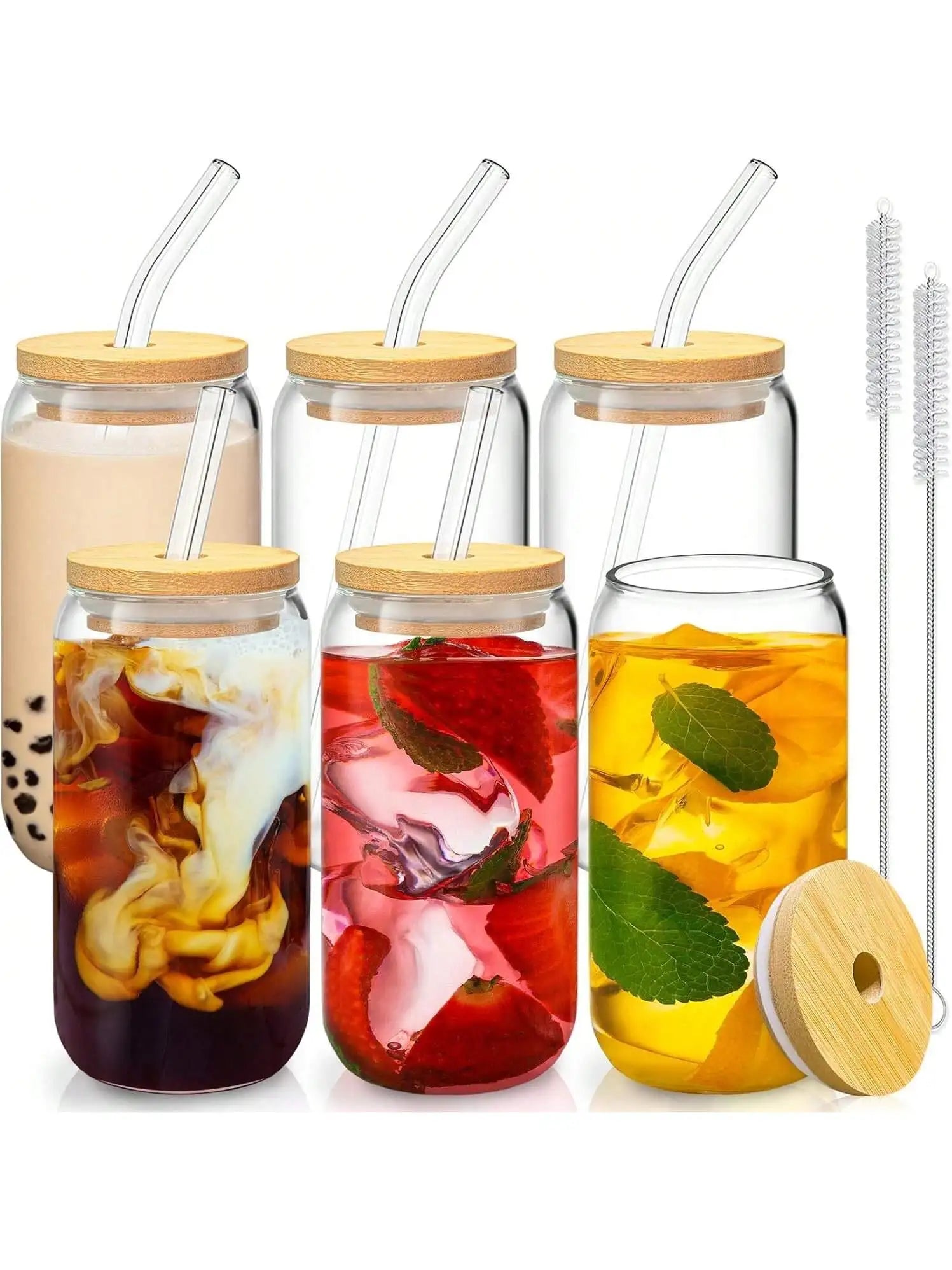 Glass Drinking Cup Set — 16oz Glasses with Bamboo Lids and Glass Straws