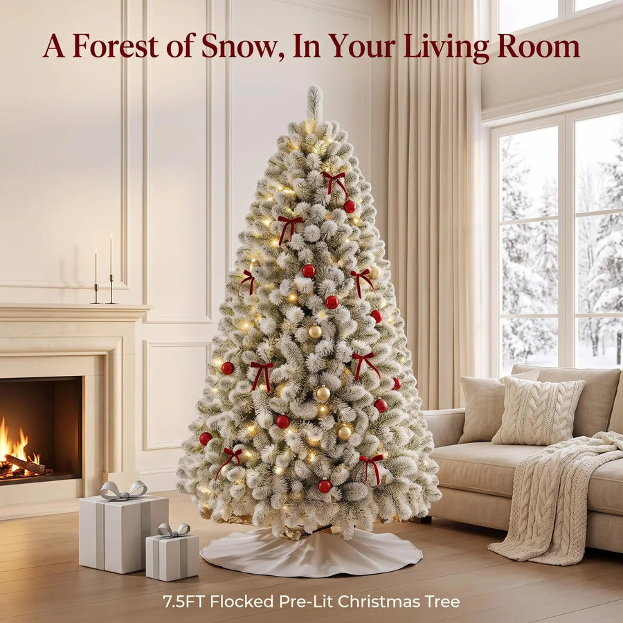 GAOMON 7.5FT Pre-Lit Flocked Christmas Tree — Snowy White Artificial Xmas Tree
