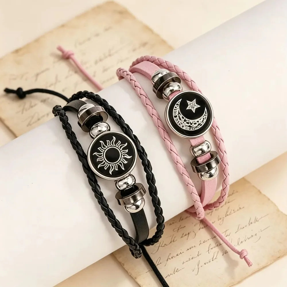 Sun and Moon Leather Bracelet Set — Matching Couple Jewelry with Glow Effect