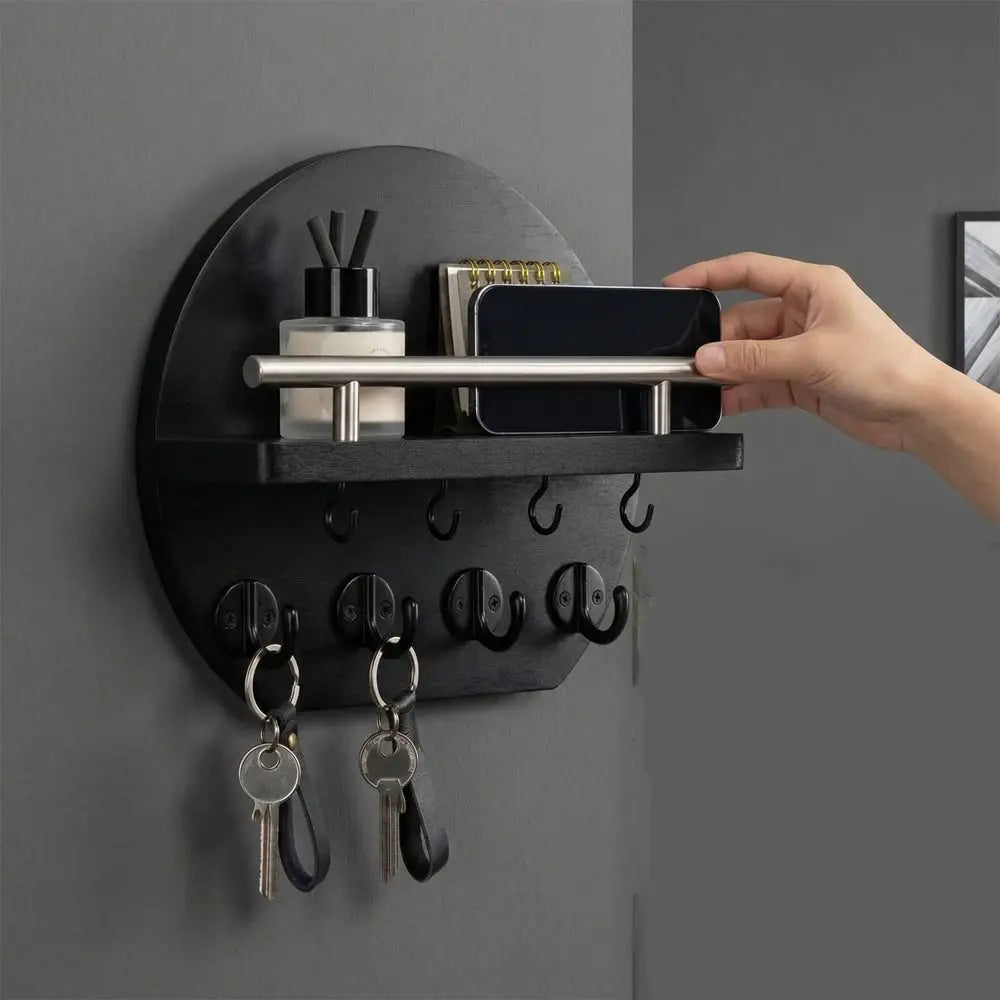 Retro Wall Mounted Key Holder — Decorative Wood Mail Organizer with Shelf