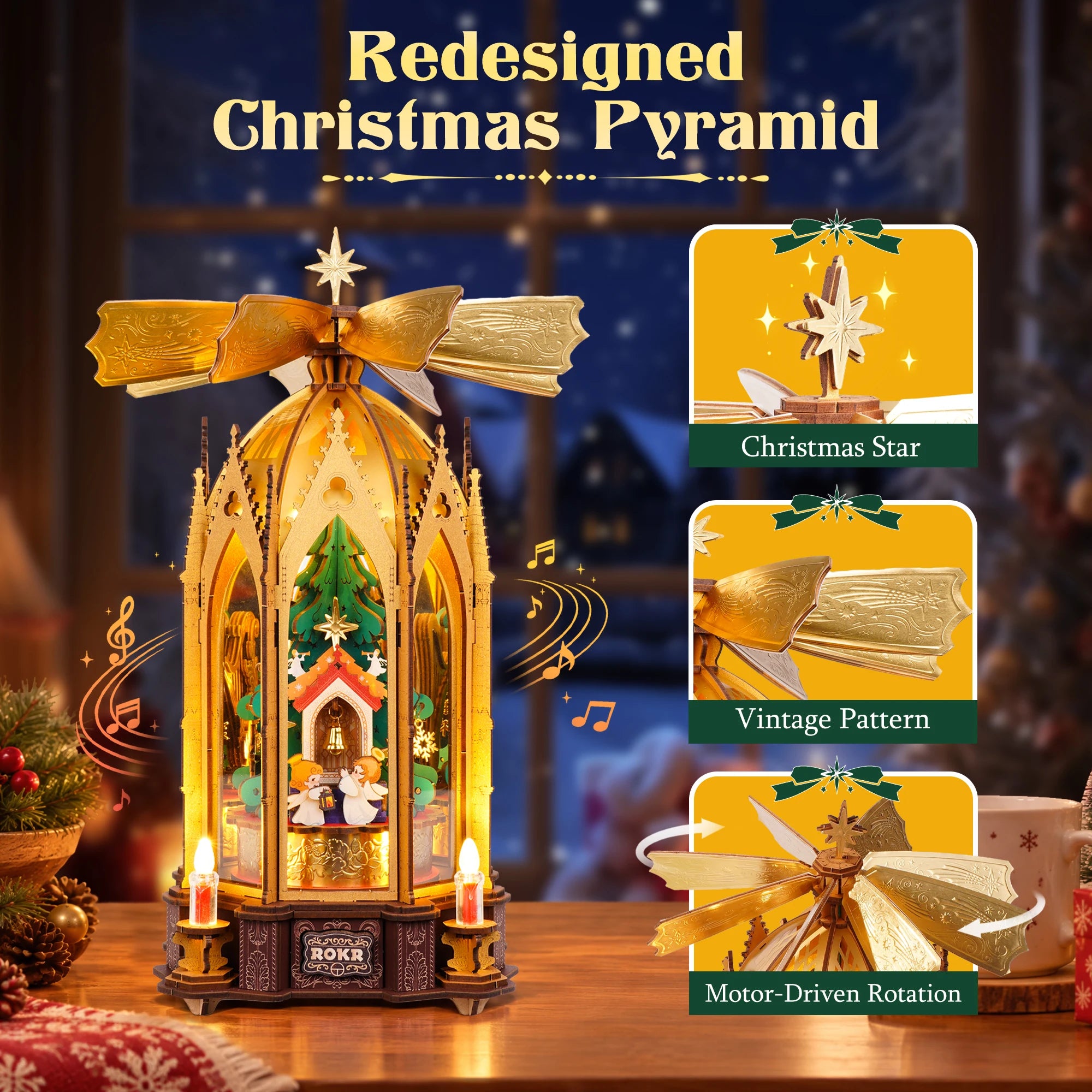 ROKR Angel's Christmas Pyramid — 3D Wooden Music Box with LED Light