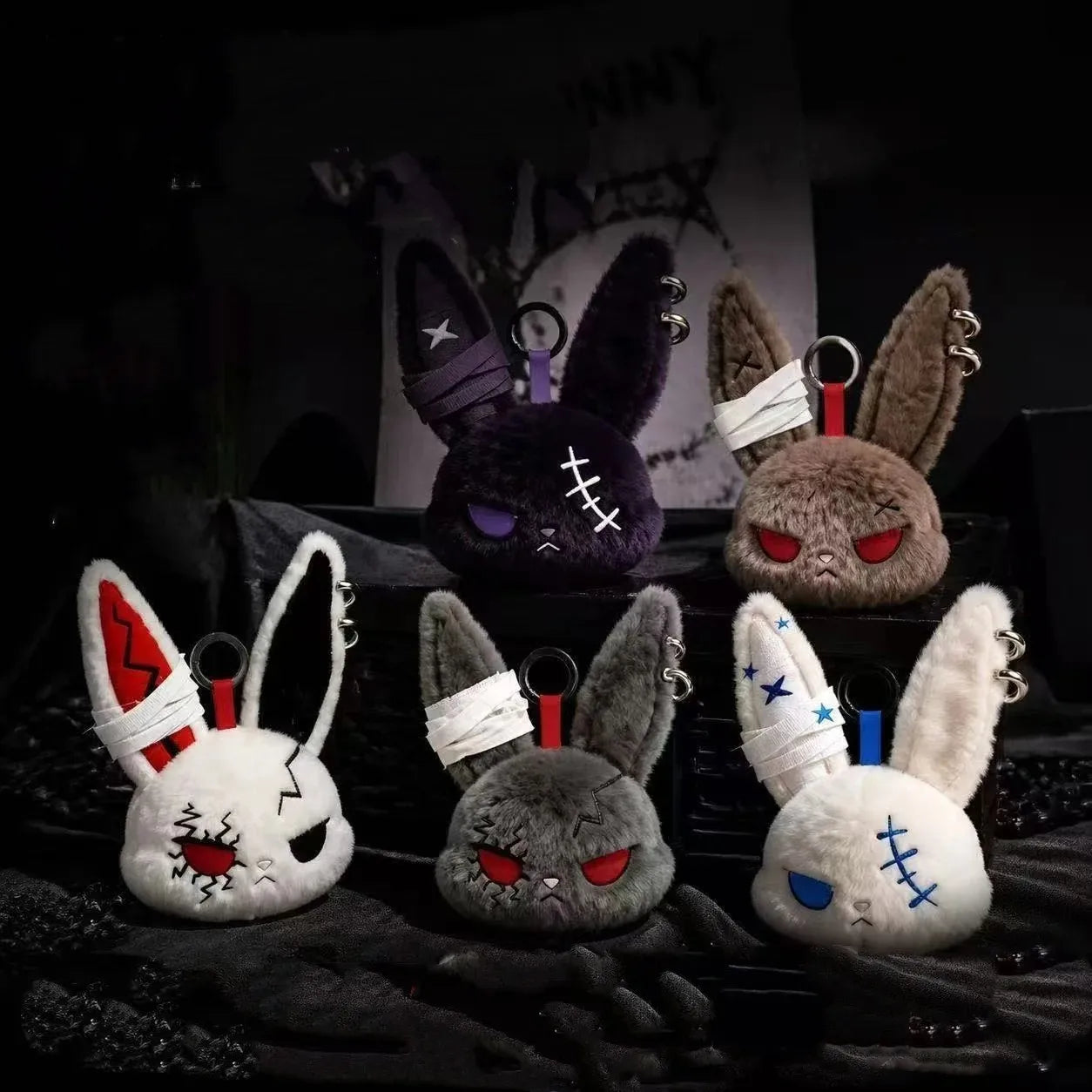 Dark Rabbit Plush Keychain — Cute Animal Pendant for Backpacks