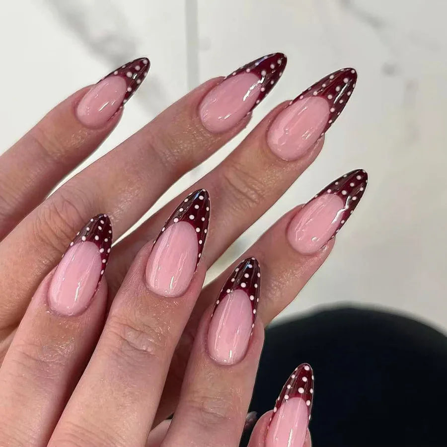 Red and White Polka Dot Press On Nails — Almond Shape Glossy Fake Nails