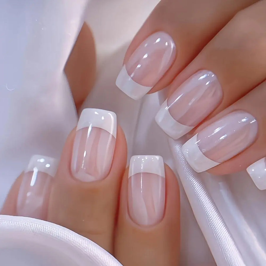 Chic French Tip Press-On Nails — Glossy Aurora White & Pink Set