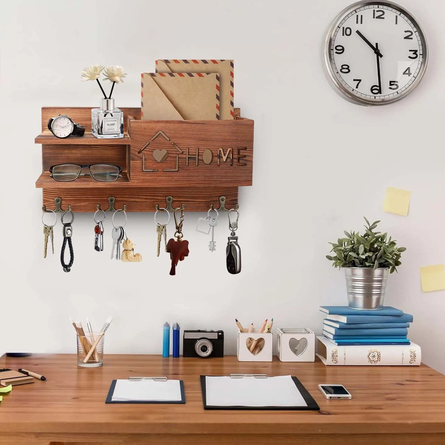 Wooden Mail and Key Organizer — Wall Mounted Storage with 4 Double Hooks