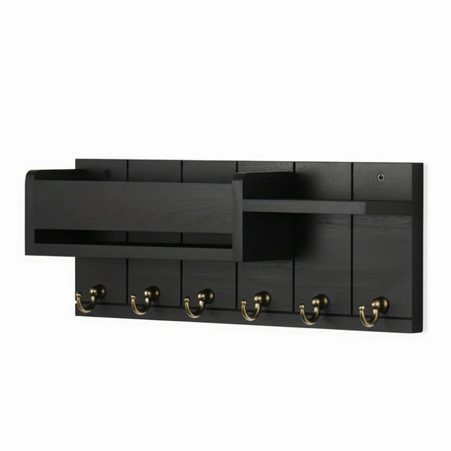 Wooden Wall Mount Key Holder — 6-Hook Organizer with Mail Sorter & Shelf