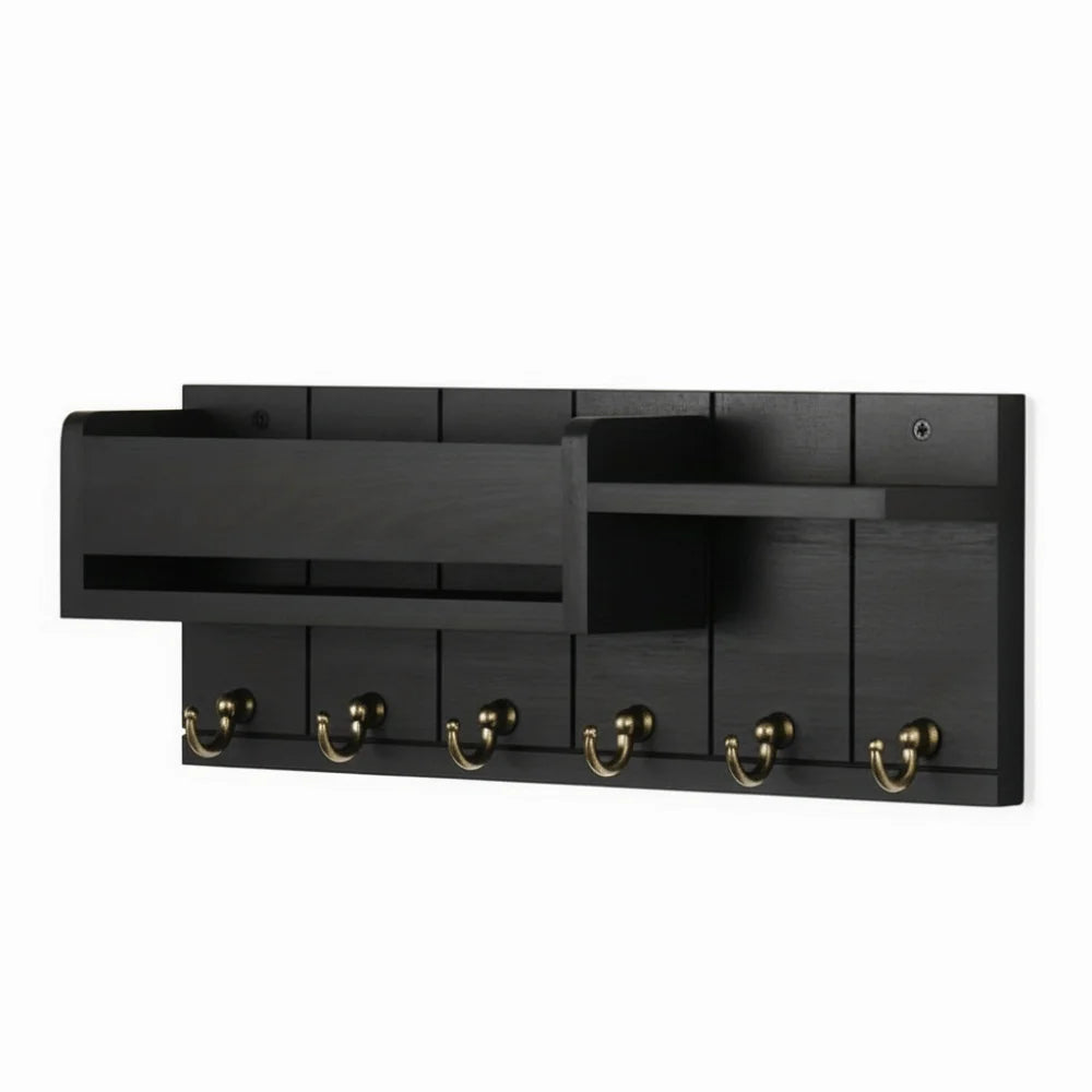 Wooden Wall Mount Key Holder — 6-Hook Organizer with Mail Sorter & Shelf