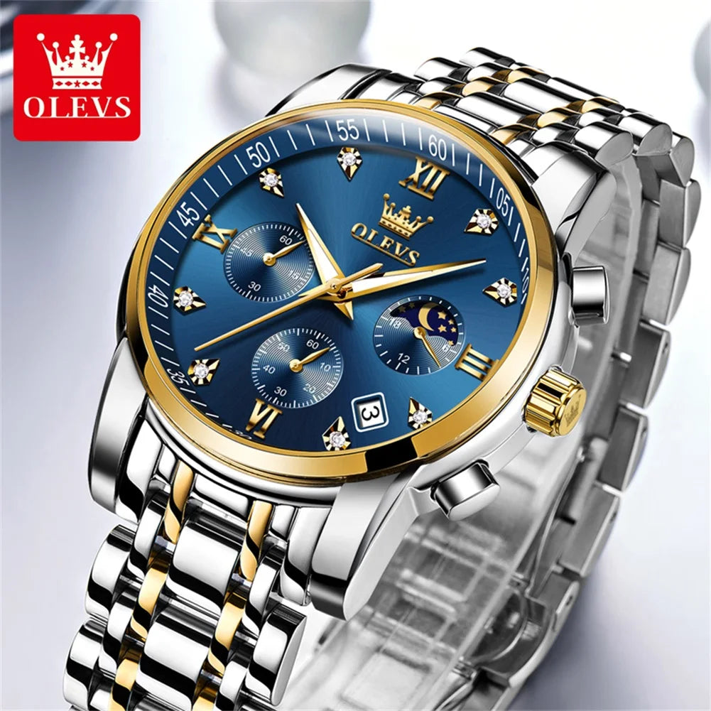 OLEVS 2858 Men's Luxury Watch — Stainless Steel Moon Phase Chronograph