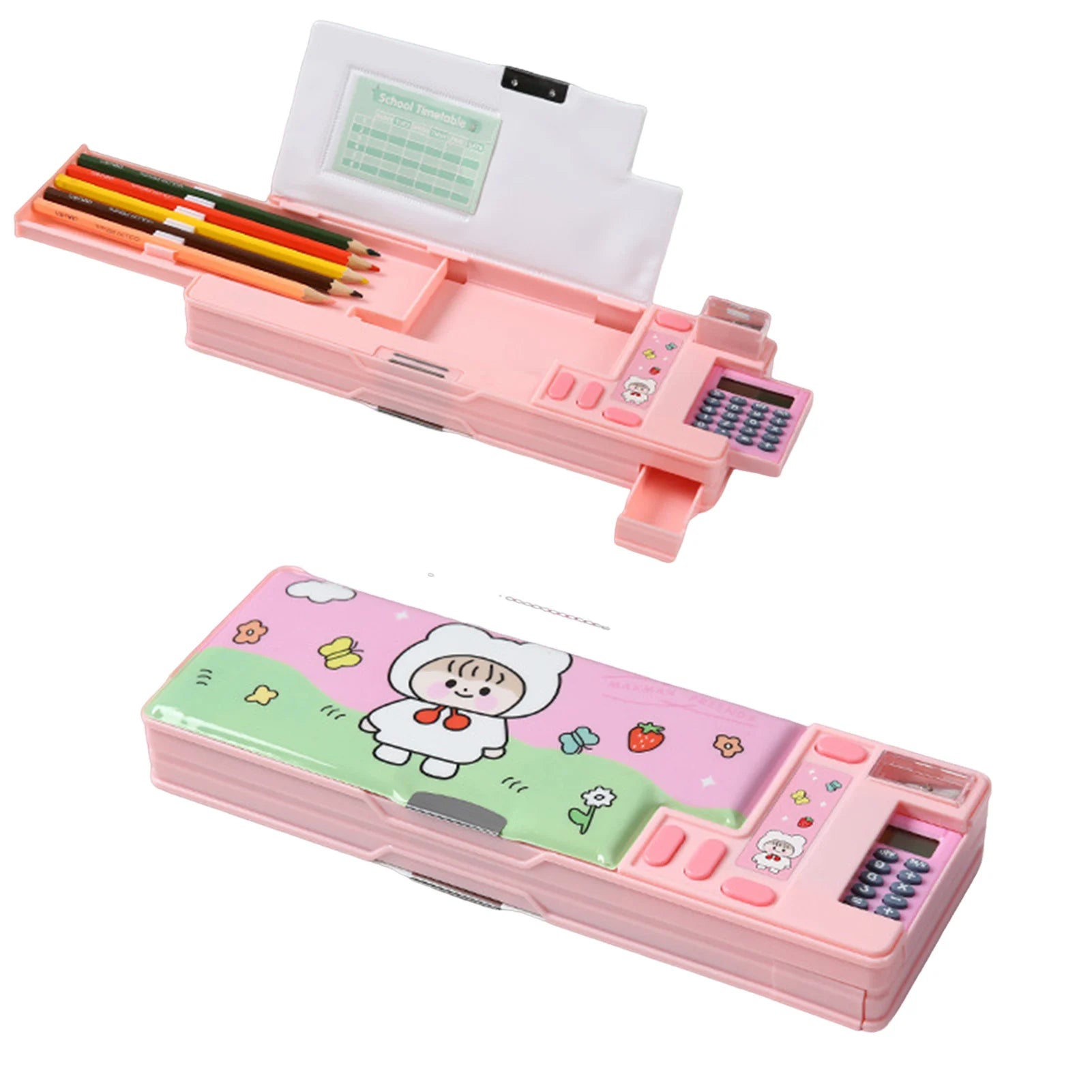 Multifunctional Cartoon Pencil Case — Built-in Calculator & Sharpener
