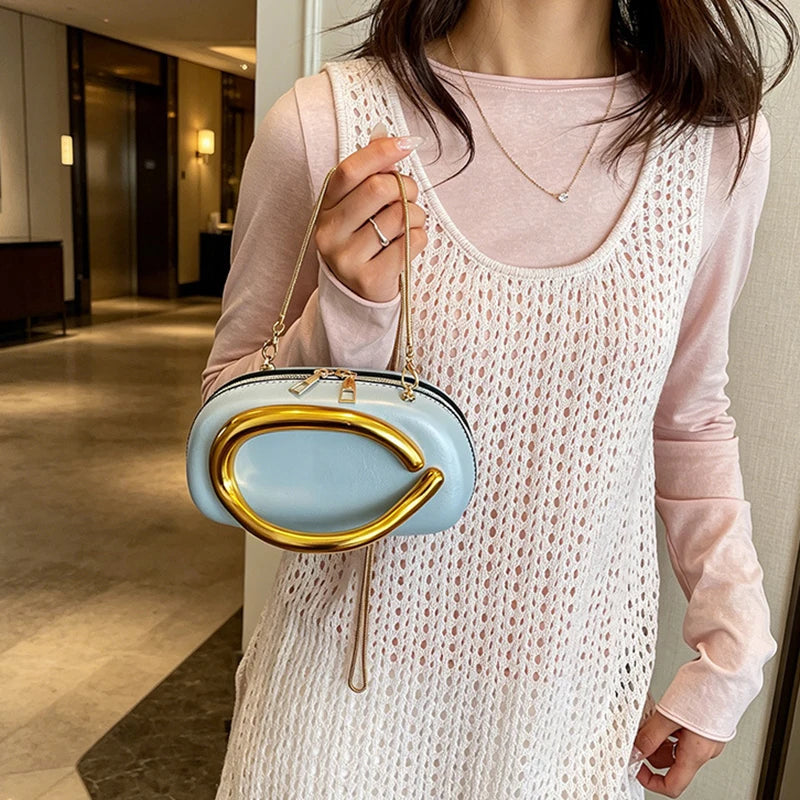 Elegant Round Evening Clutch — Metal Handle Crossbody Bag with Chain Strap