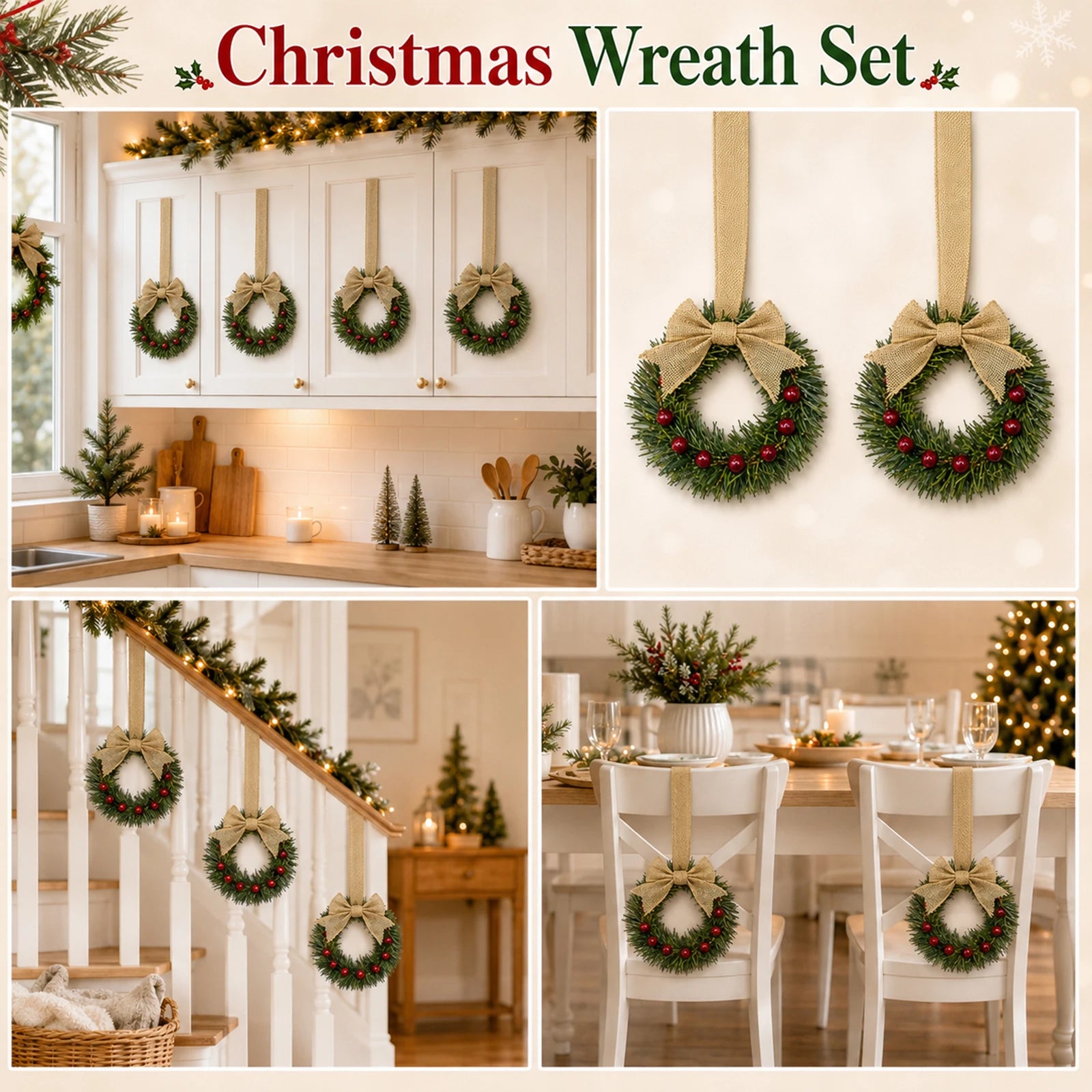 12-Piece Mini Christmas Wreath Set — Small Hanging Holiday Decor for Home and Office
