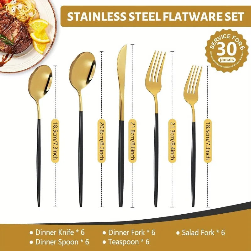 30-Piece Stainless Steel Cutlery Set — Elegant Black and Gold Flatware