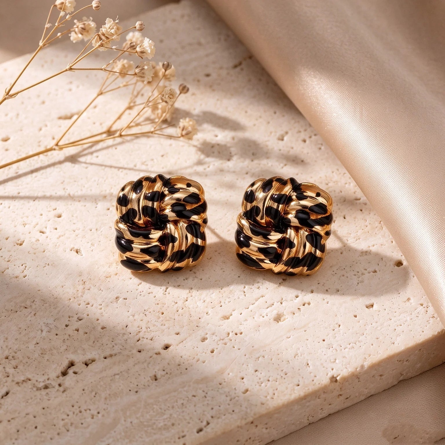 Obega Leopard Print Knotted Earrings — Vintage Gold Tone Enamel Studs