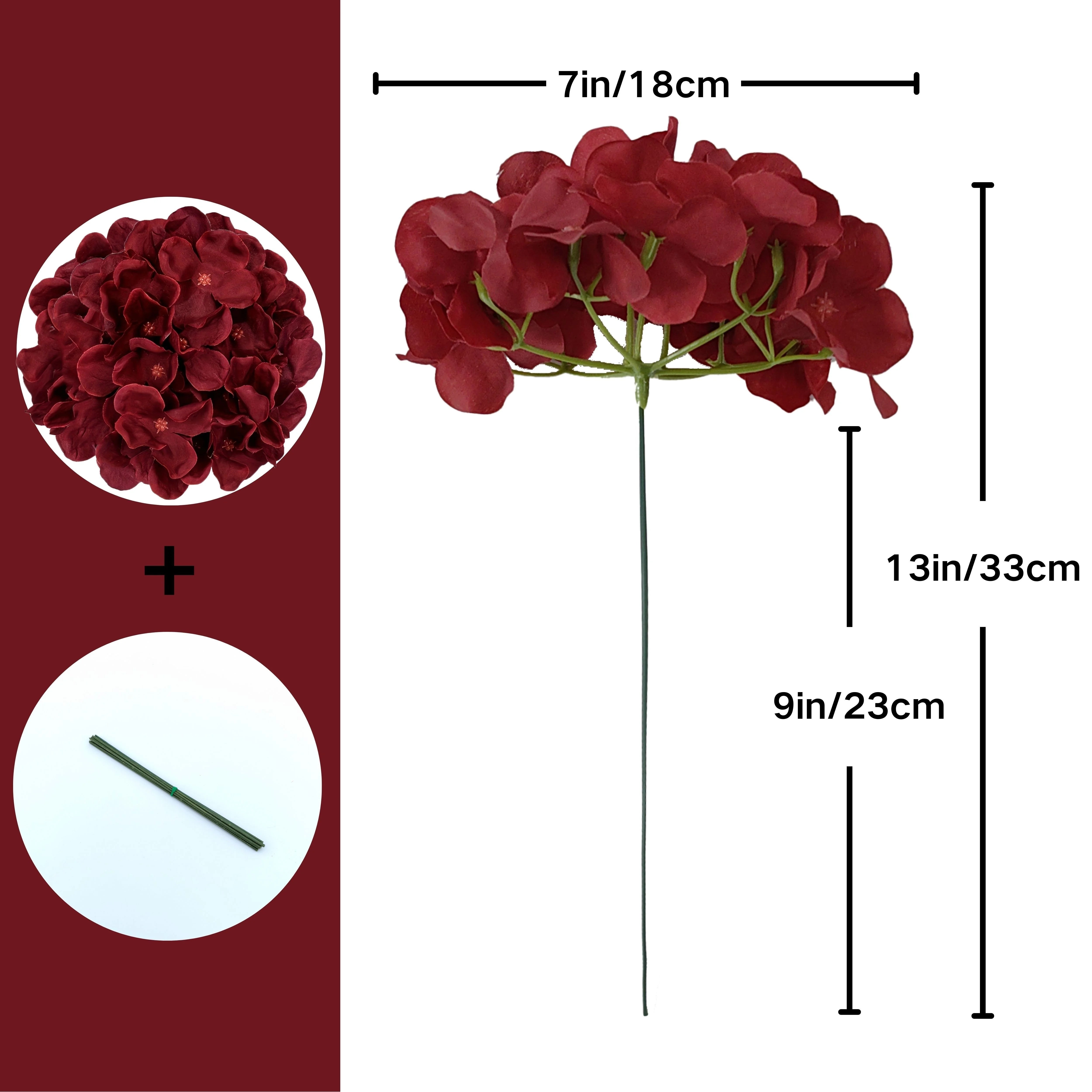 Burgundy Hydrangea Flower Heads — 50 Piece Fabric Floral Set for Decor