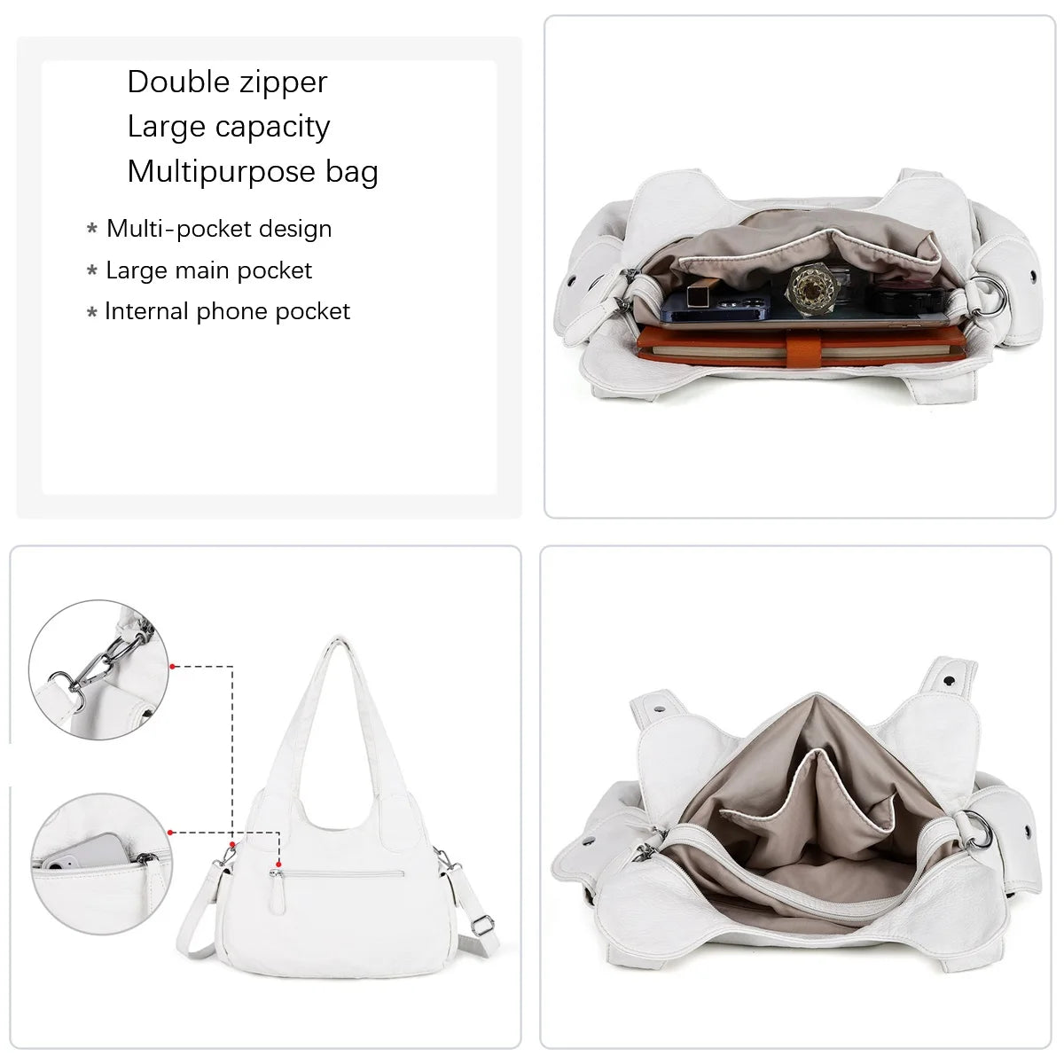 Venn Angel Women's Soft Washed Leather Hobo Bag — Multi-Pocket Shoulder Crossbody