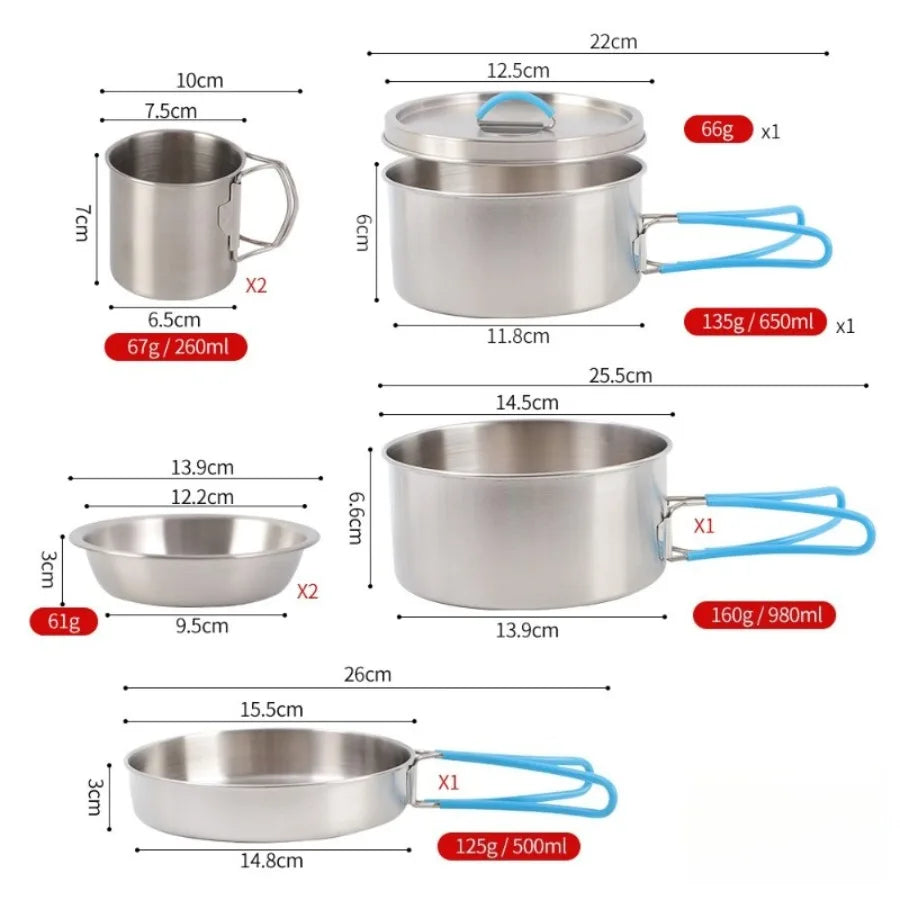 8-Piece Stainless Steel Camping Cookware Set — Portable Foldable Pot & Kettle