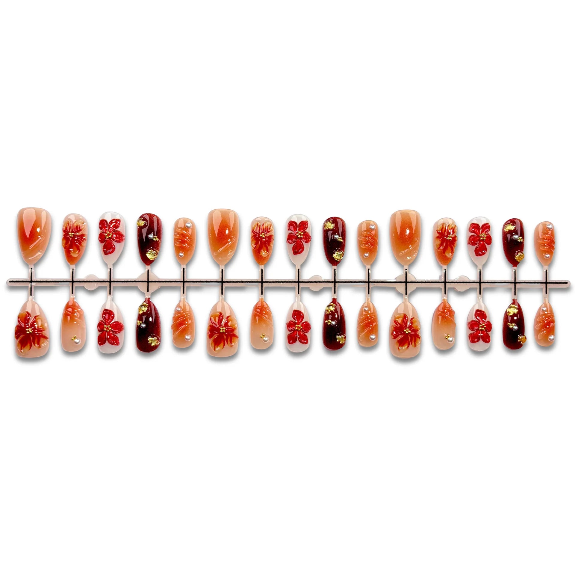 Short Almond Fall Flower Press On Nails — 3D Handmade Floral Manicure Set