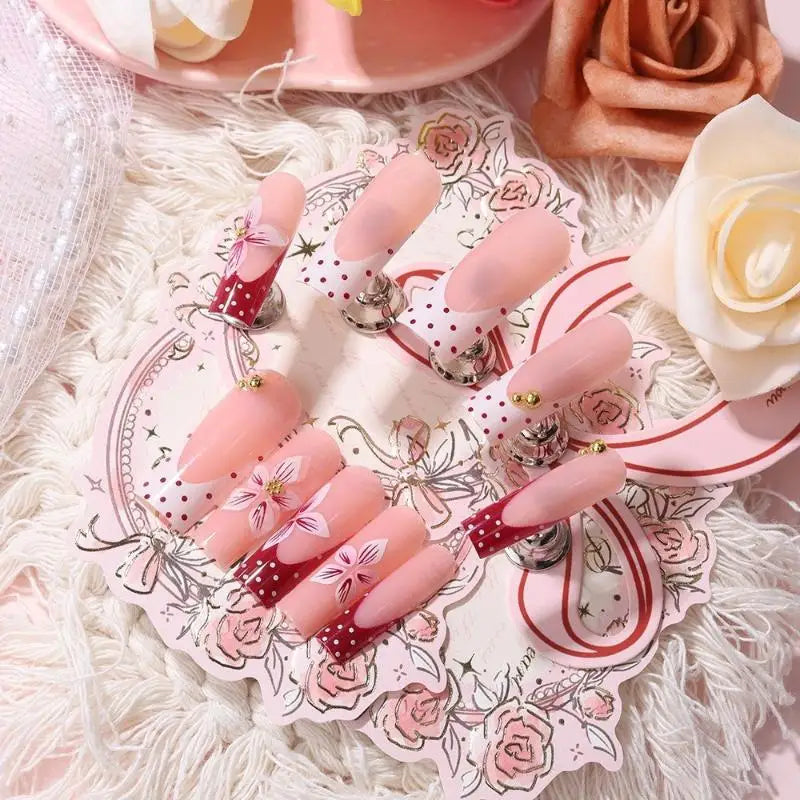 Cappuvini Floral and Polka Dot Press On Nails — Long Coffin Style Manicure Set