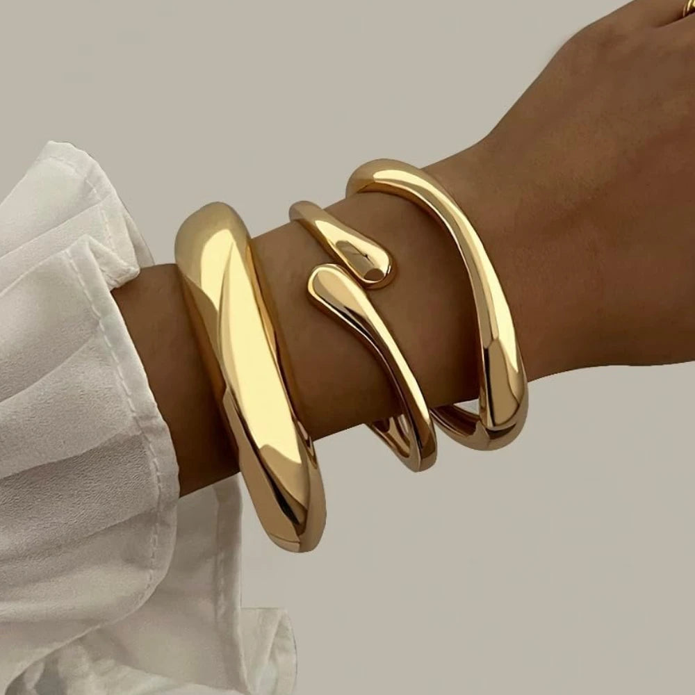 YILUOCD Chunky Water Drop Cuff Bracelets — 3-Piece Gold Plated Bangle Set
