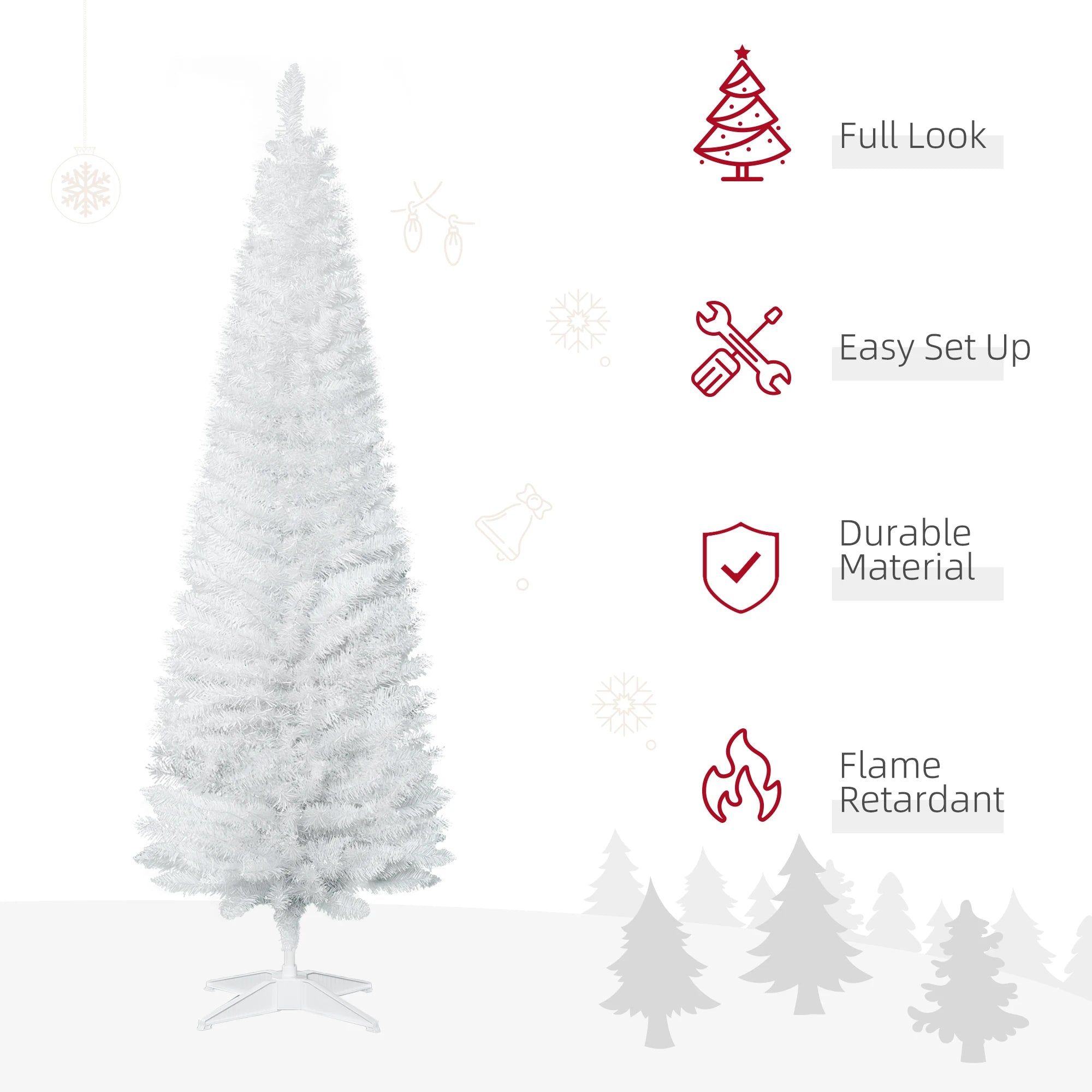 HOMCOM 6ft Artificial White Christmas Tree — Slim Pencil Style Holiday Decor