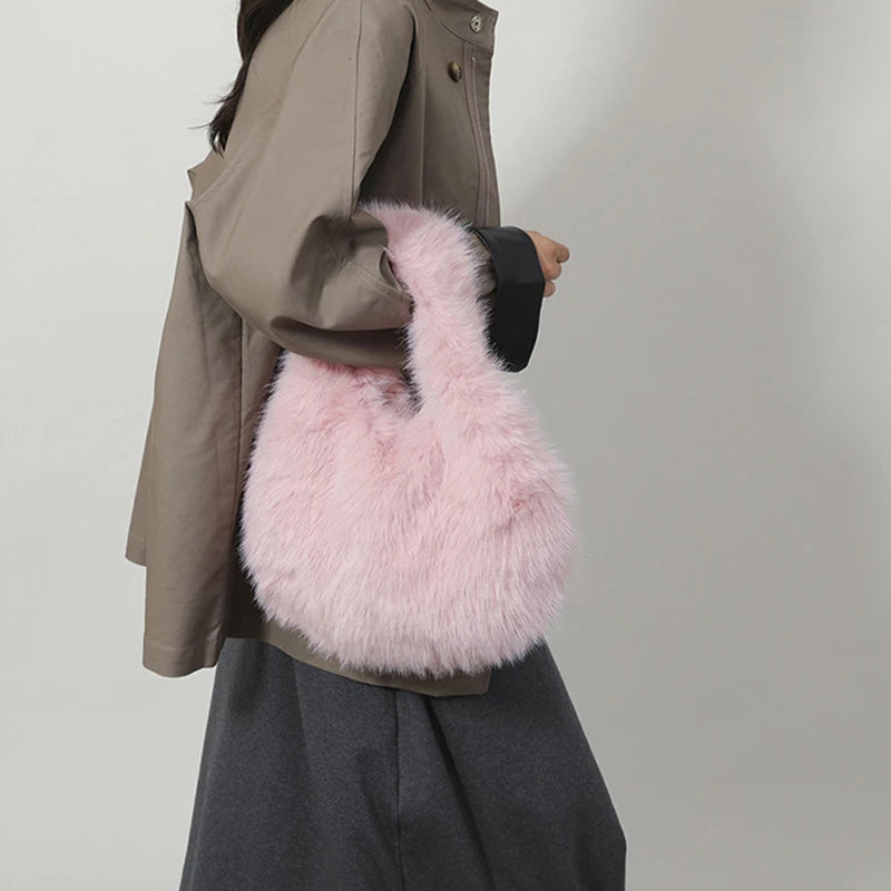Faux Fur Hobo Shoulder Bag — Soft Plush Handbag for Women