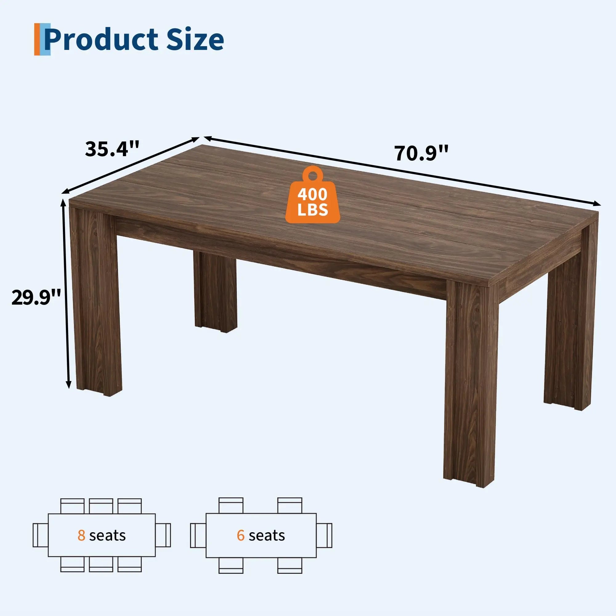 71" Rectangular Farmhouse Dining Table — Large Wooden Surface for 6-8 Guests